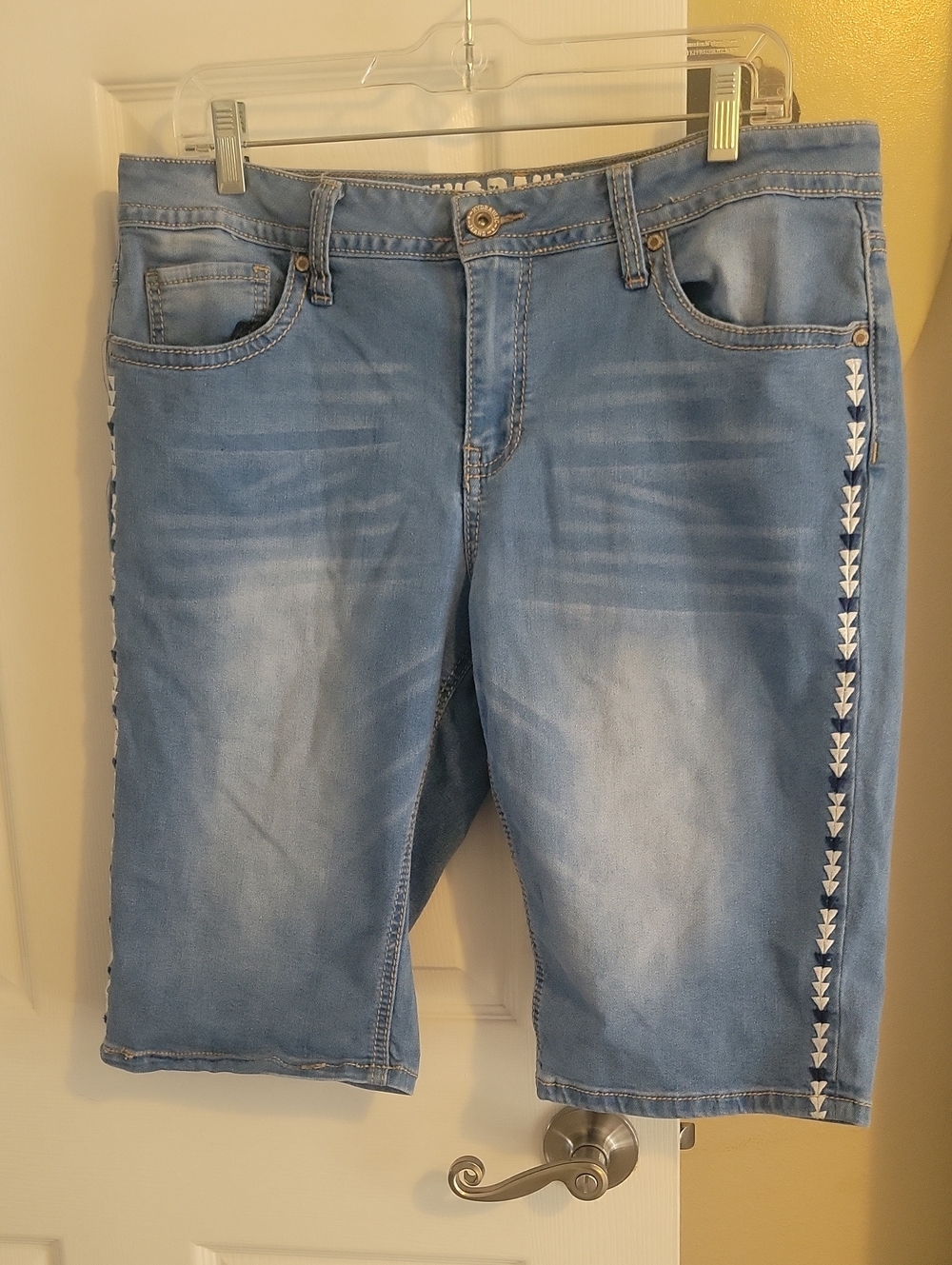 Hydraulic Light Blue Stretch Denim Embroidered side seam, back pockets shorts